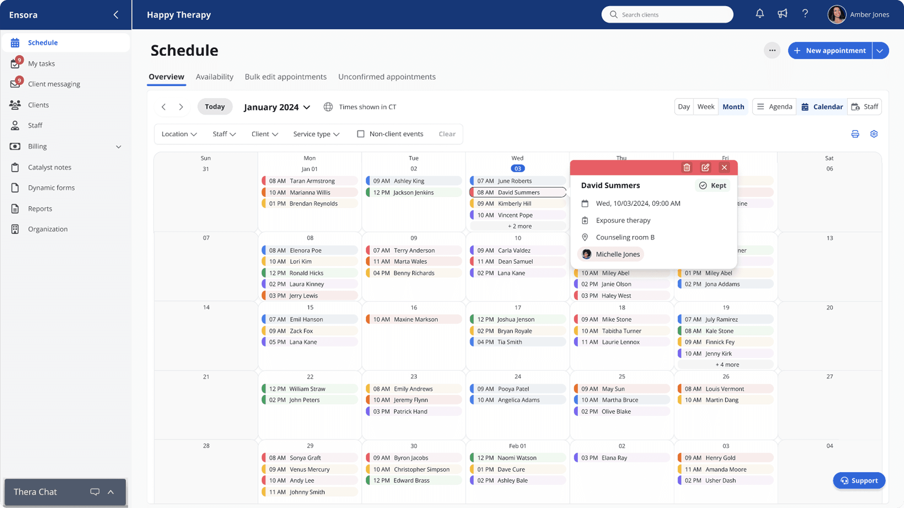 Color-coded monthly calendar view displaying therapy appointments across several weeks, emphasizing long-range planning and workload distribution within the scheduling platform.