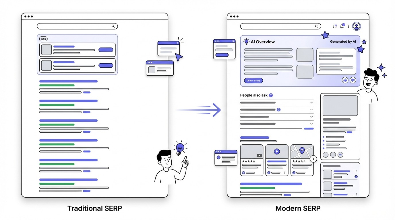 A side-by-side diagram comparing a traditional Google Search Results Page (SERP) on the left, showing prominent organic blue links, to a modern Google SERP on the right, featuring an AI Overview section, rich snippets, and a more diverse visual layout.