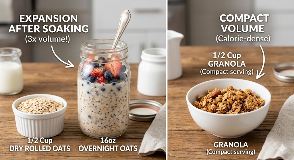 An informative visual comparison titled "EXPANSION AFTER SOAKING (3x volume!)" on a wooden table. On the left, a small bowl of dry rolled oats next to a large 16oz mason jar overflowing with hydrated overnight oats and mixed berries. On the right, a small bowl of compact, dry granola labelled "COMPACT VOLUME (Calorie-dense)". The image contrasts food volume for the same quantity.