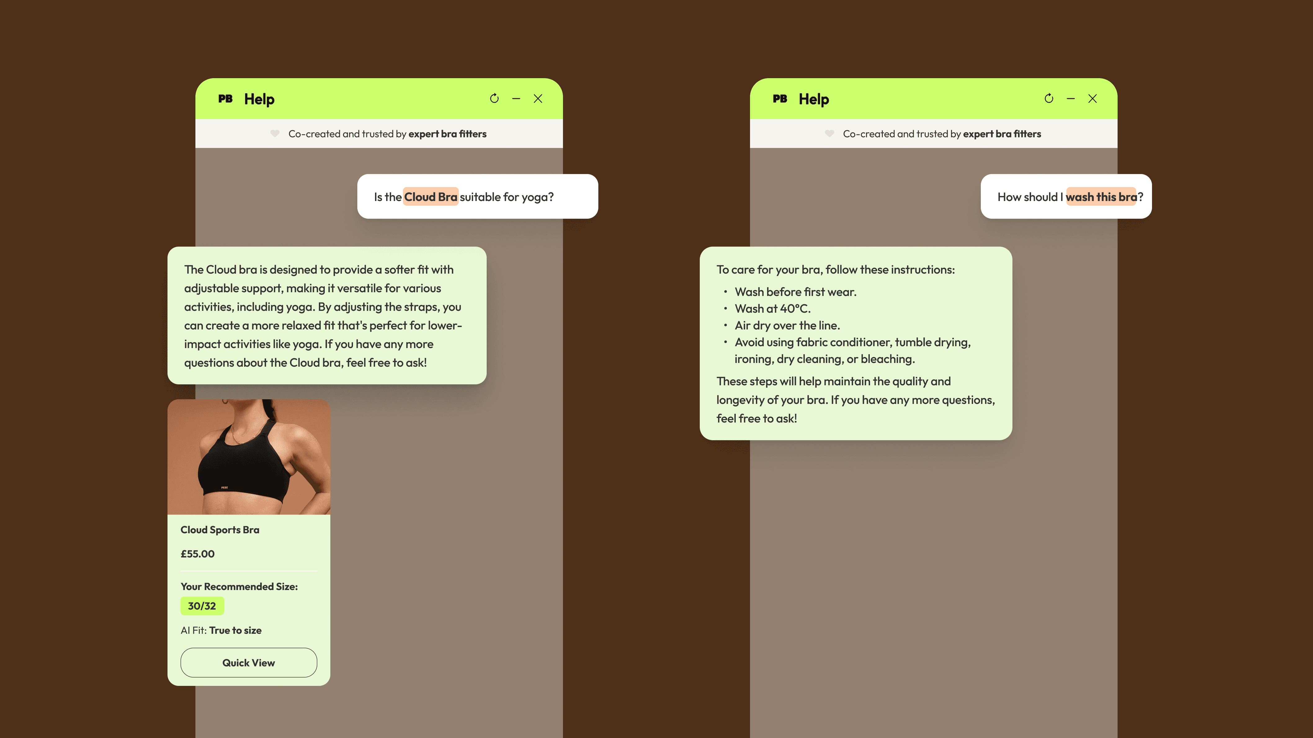 Two chat interface mockups highlighting the AI's product knowledge. In the first, the chatbot explains the Cloud bra's suitability for yoga due to its adjustable support. In the second, it provides detailed care instructions, advising the user to wash the bra at 40°C and air dry it over the line.