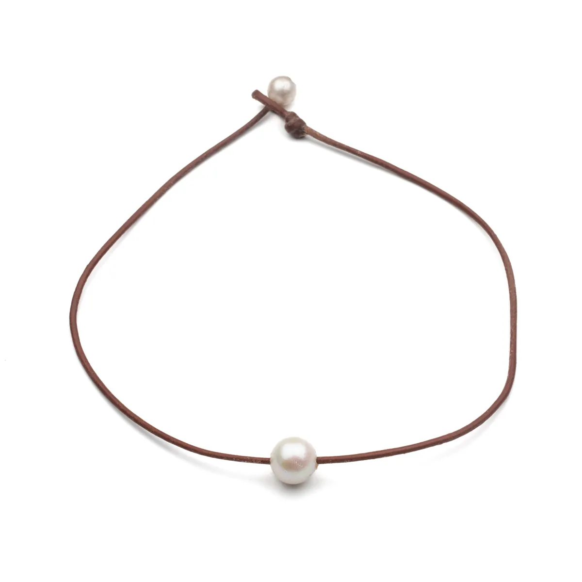 South Sea Pearl leather choker necklace with two white pearls on brown leather cord and pearl toggle closure — Manos de Oro Saint Barth
