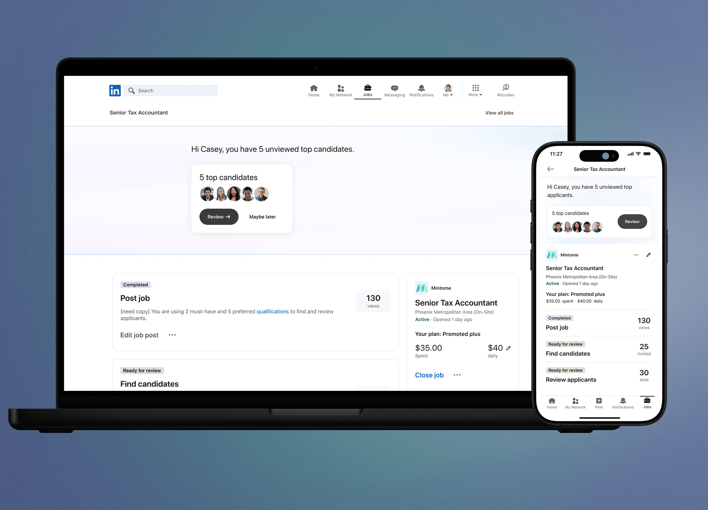 LinkedIn Hiring Assistant - iPhone and MacBook - candidates search