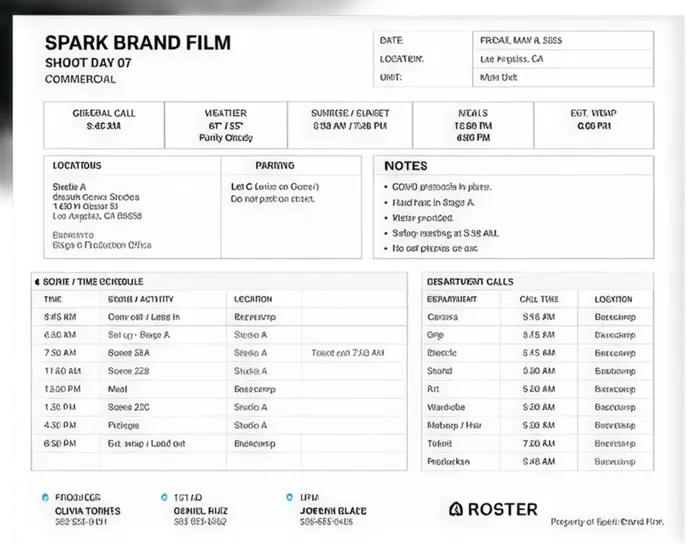 Production Day schedule with call, location, weather, and meal details