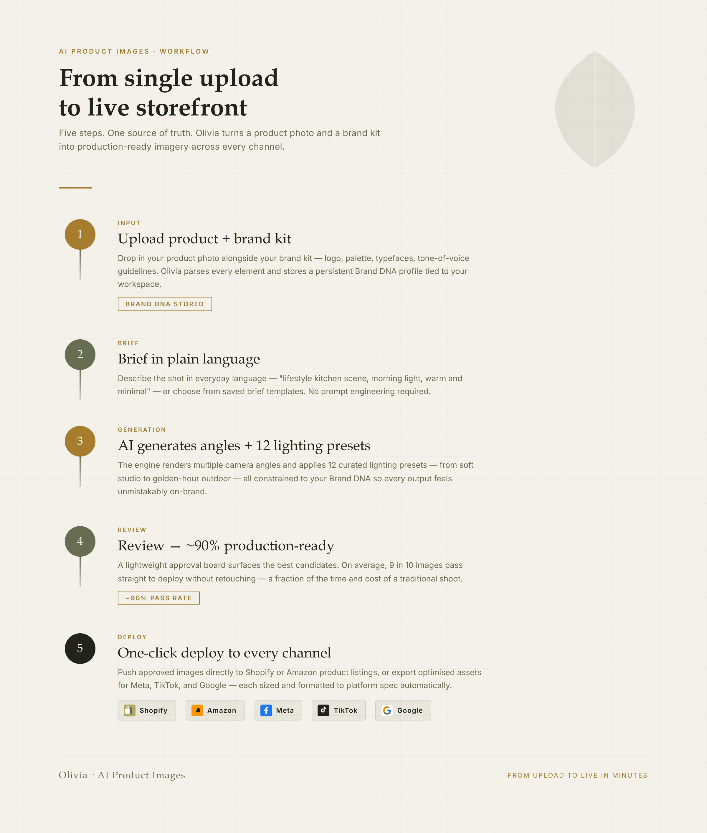 Five-step workflow showing how Olivia generates AI product images from a single upload to one-click Shopify and Amazon deploy
