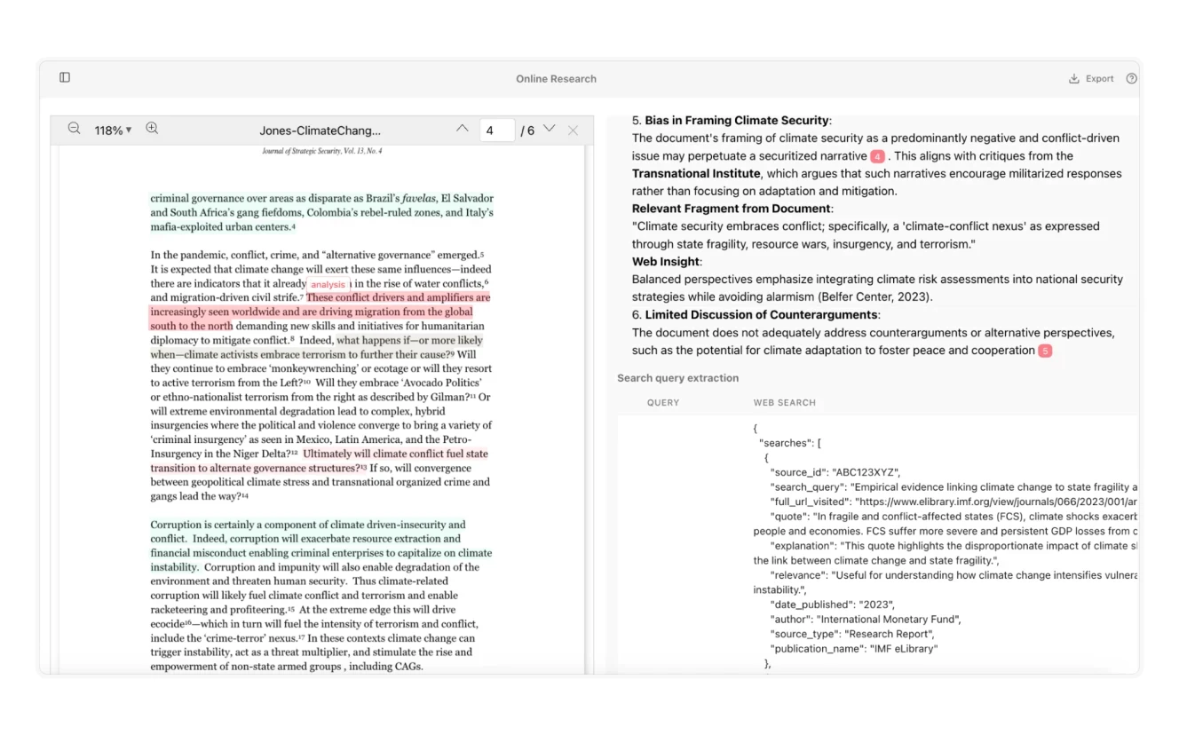 A research interface displaying a highlighted excerpt from a document on climate security. The right panel lists AI-generated insights, including critiques of bias in framing climate issues and missing counterarguments. Below, JSON-formatted search results provide citations and metadata from external sources.