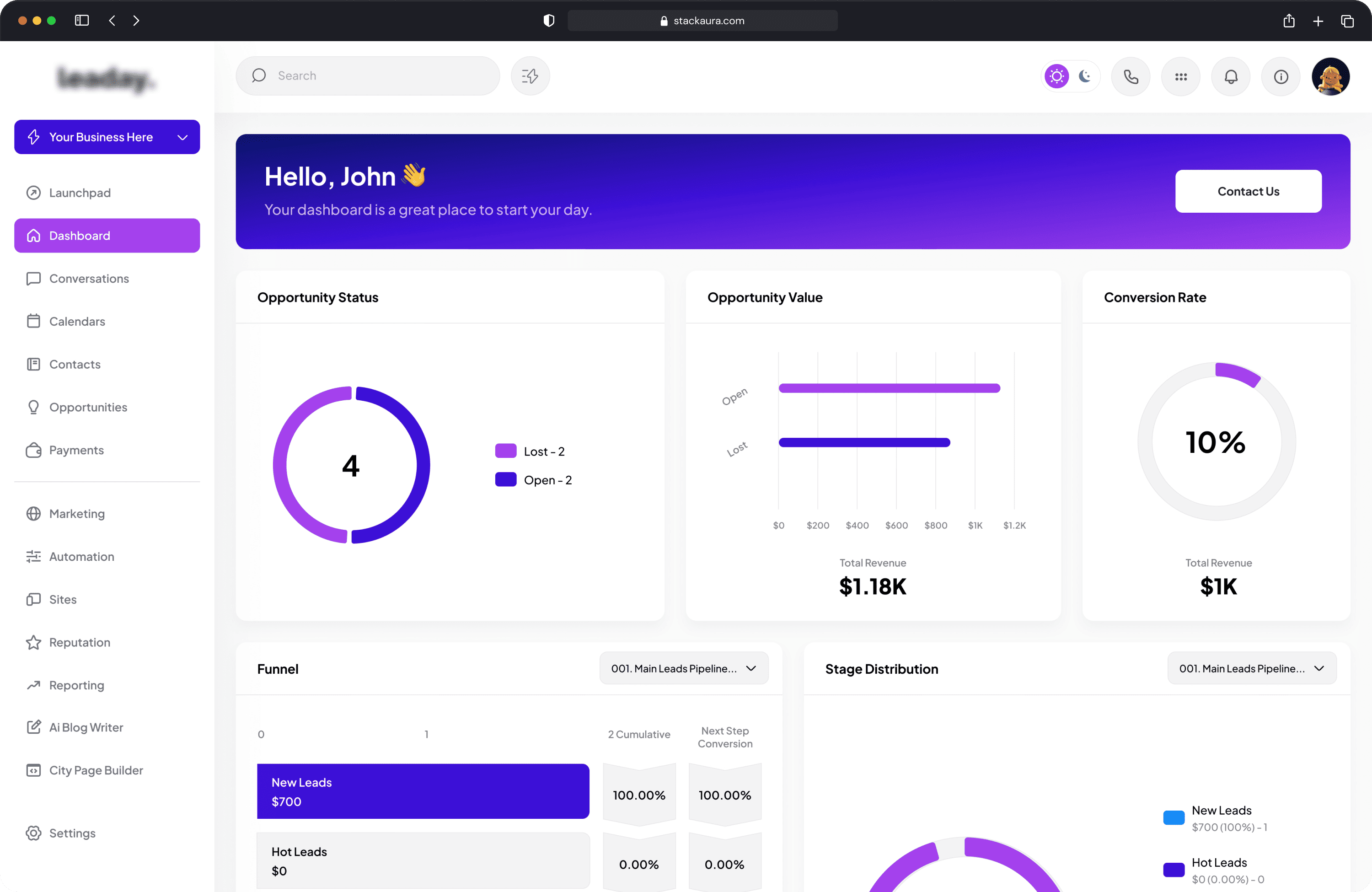 Modern light purple GoHighLevel dashboard customization with custom banner and CRM metrics | StackAura