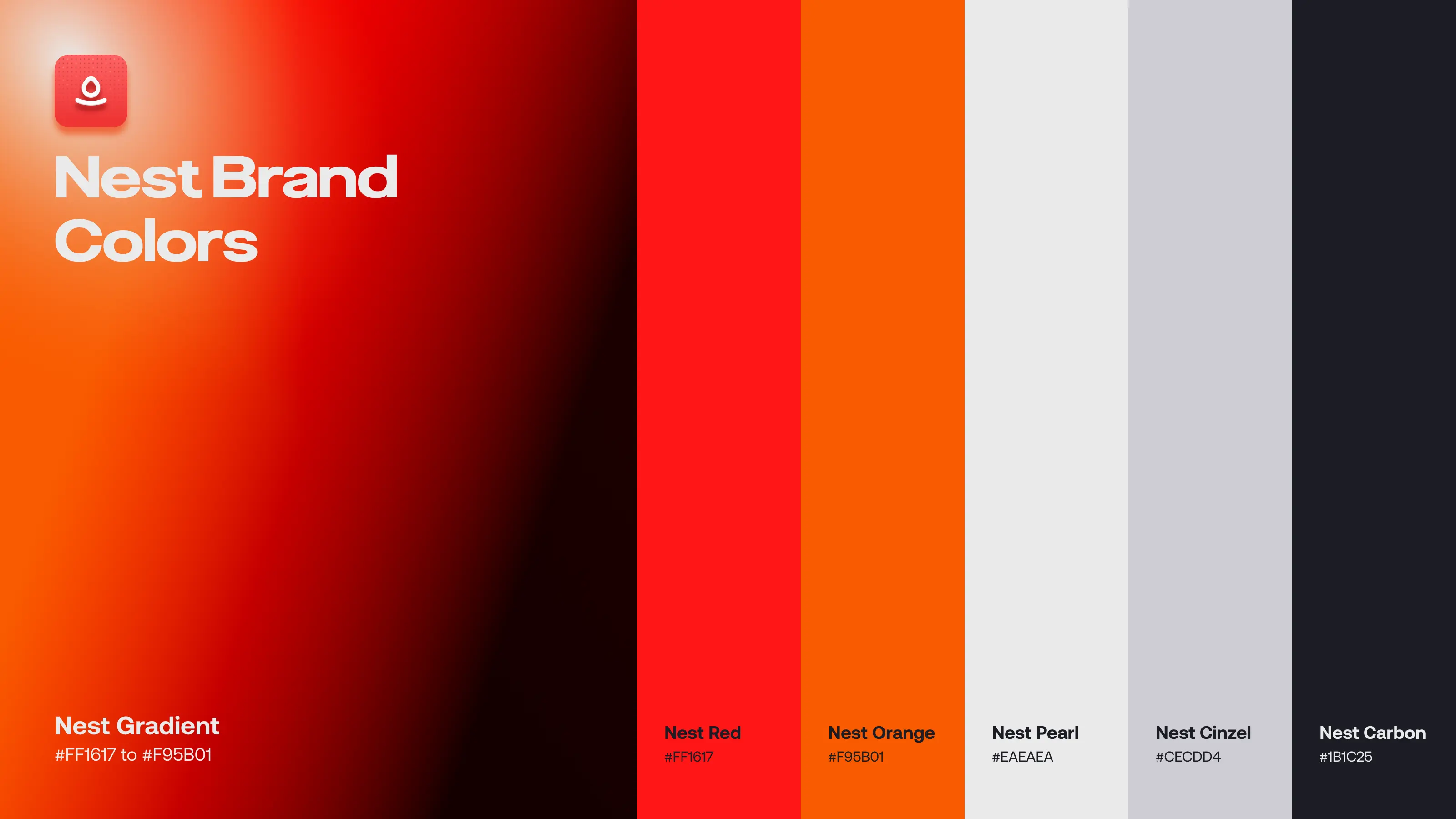 Nest Brand Colors palette showing a vivid red-to-black gradient and swatches in Nest Red, Nest Orange, Neutral Pearl, Neutral Cool, and Neutral Carbon.