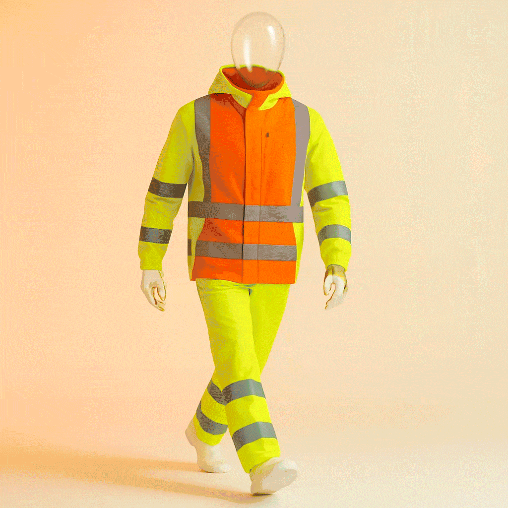 A bright fluorescent yellow and orange high-visibility workwear suit (jacket and trousers) with silver reflective striping is modeled on a walking mannequin.