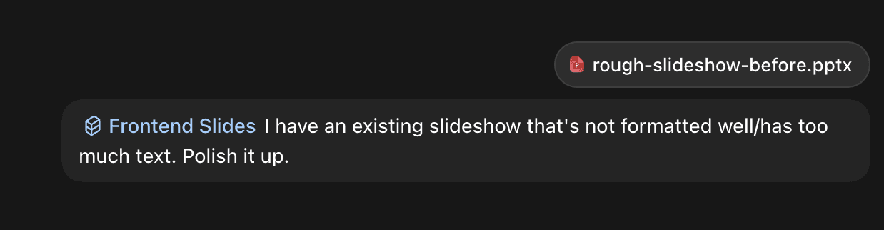 frontend-slides example prompt: using an existing slideshow