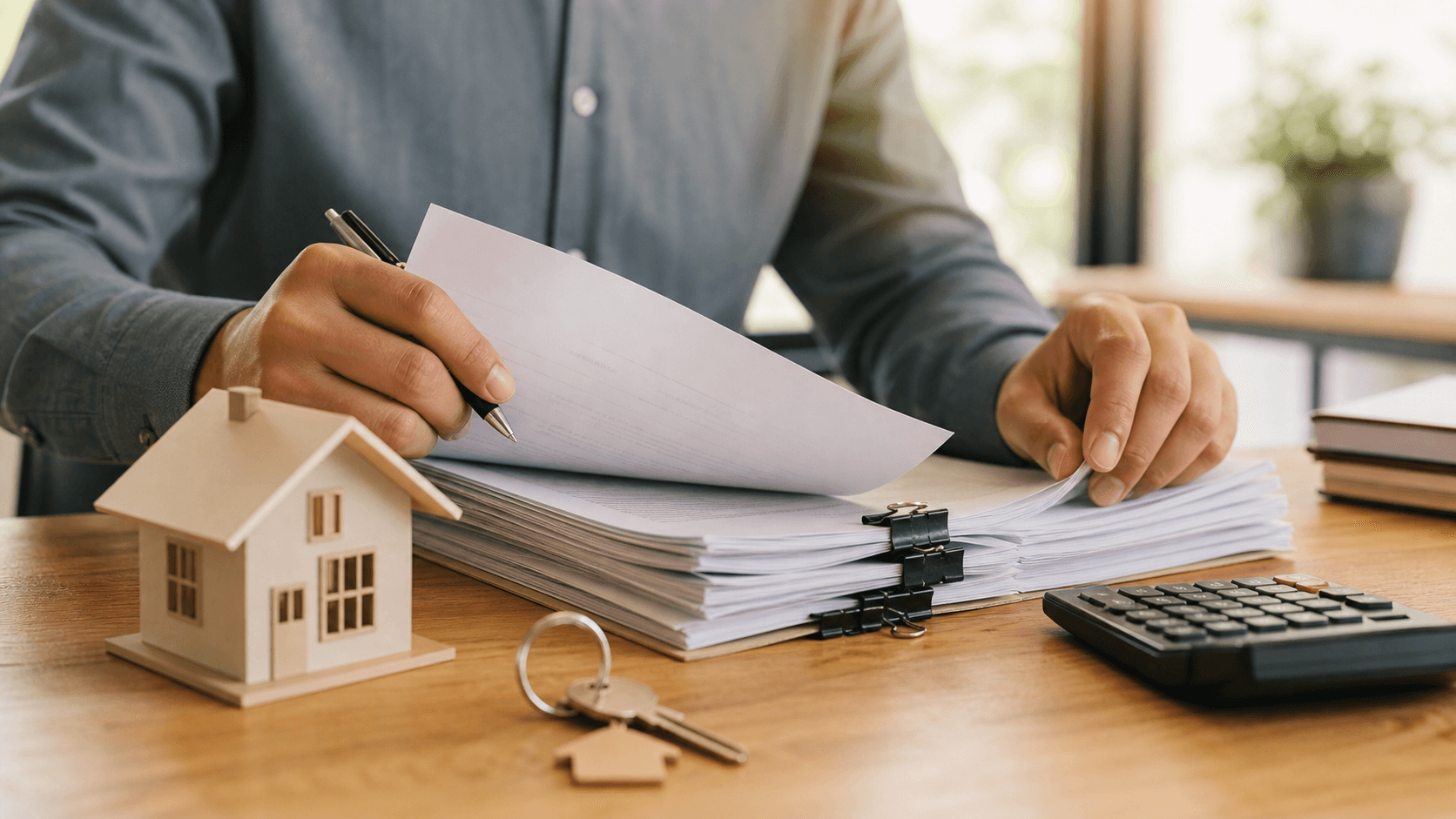 A person sitting at a desk reviewing a stack of real estate documents and contracts, with a house key, a small model house, and a calculator nearby, warm natural lighting, clean and organized workspace, photorealistic style
