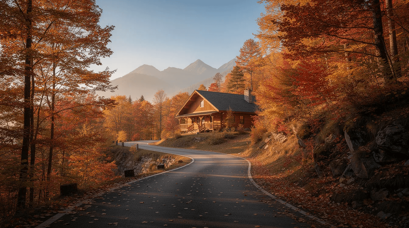 The image depicts a cozy mountain cabin nestled among vibrant autumn foliage, with a winding road leading up to it, suggesting an inviting vacation home setting. This picturesque location highlights the beauty of nature and the potential for creating cherished memories during family visits or as a rental property for paying guests.