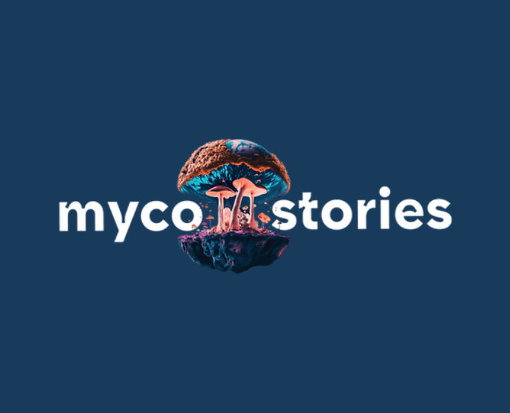 mycostories logo in a navy blue background.