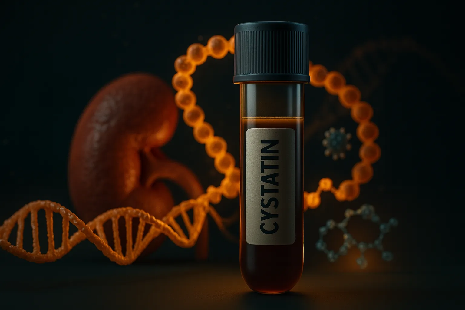Cystatin blood test vial with stylized kidney and DNA strands.
