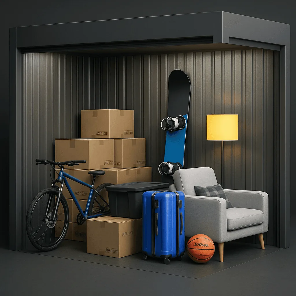 Illustration of a bicycle, boxes, and luggage inside a 5x10 storage unit