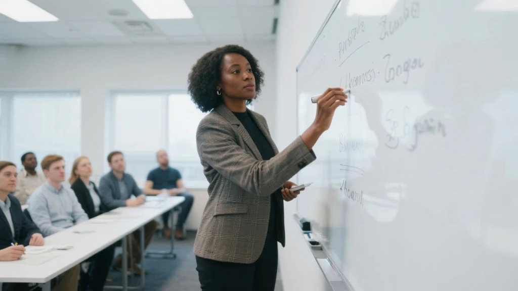 Formatrice noire en blazer écrit des mots-clés sur tableau blanc, apprenants en tenue pro observent dans une salle de