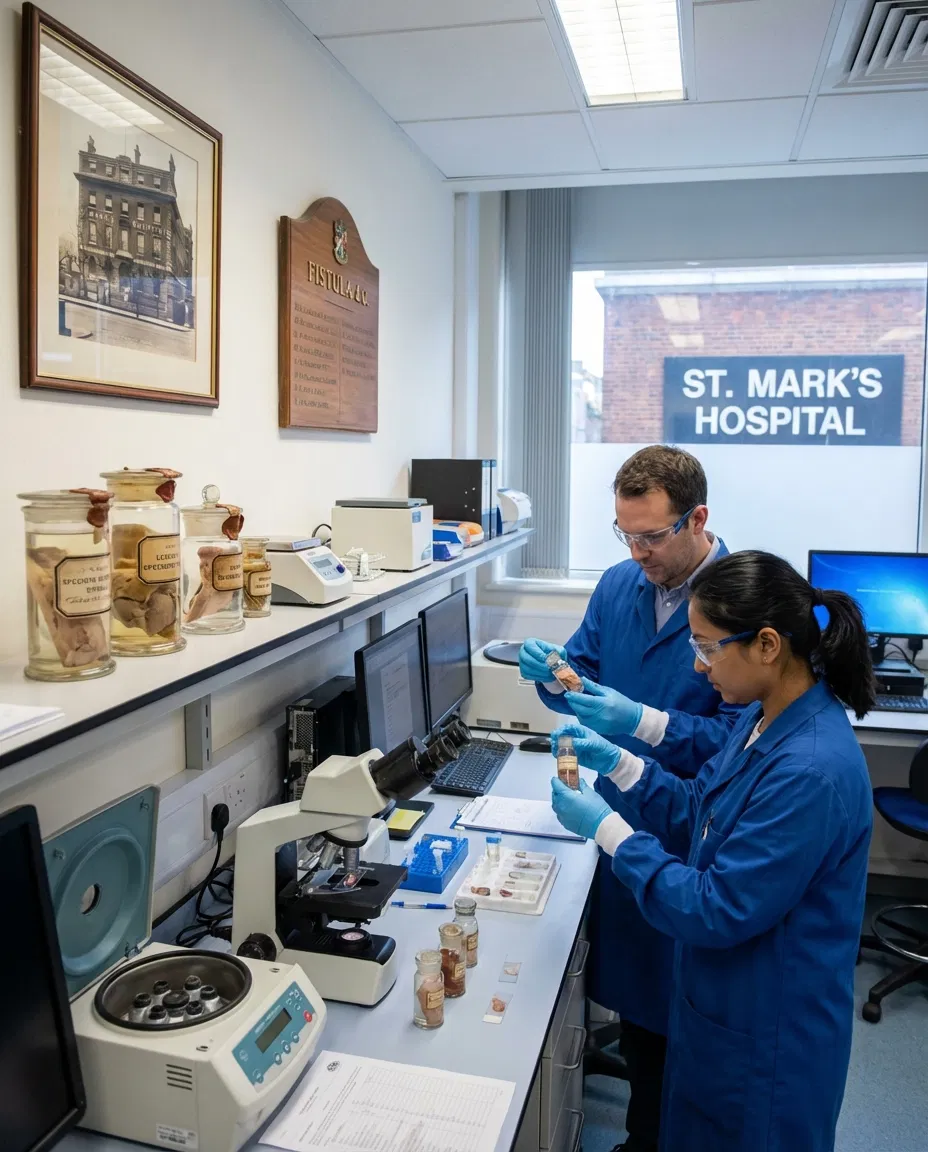 A UK hospital laboratory where researchers examine preserved colorectal cancer tissue samples in a scientific archive setting.
