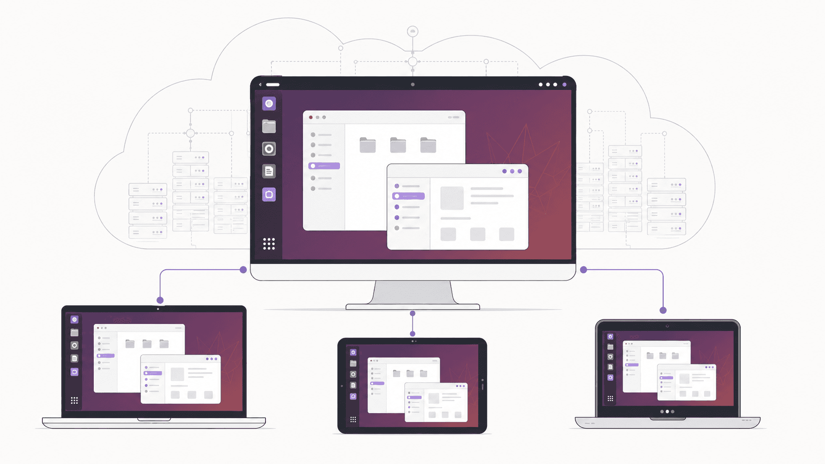 Cloud Ubuntu desktop accessed from a monitor, laptop, and tablet.