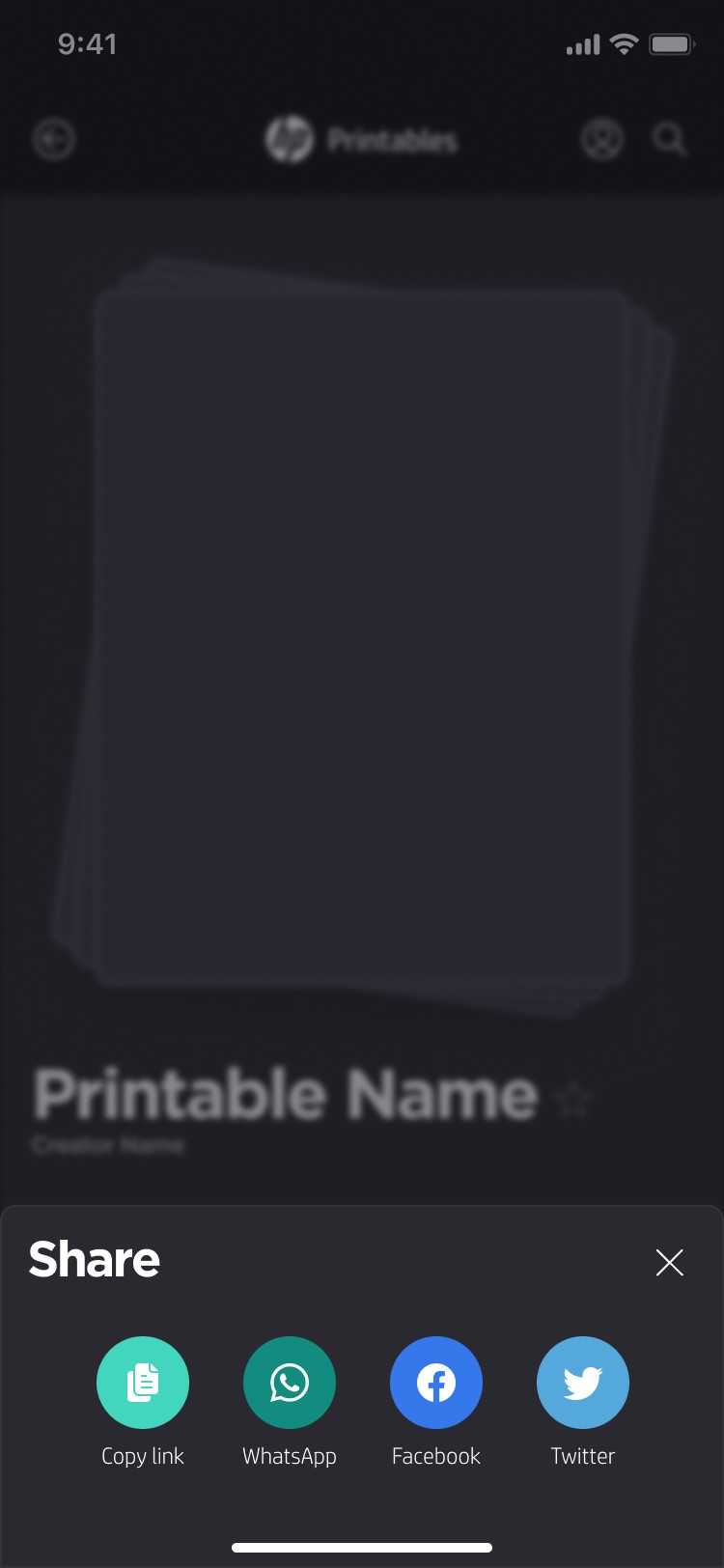 HP Printables Wireframe: Share sheet