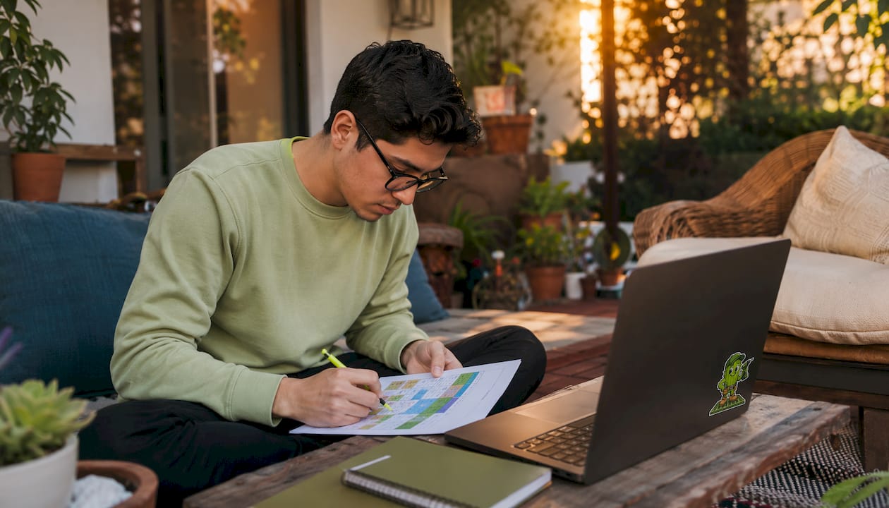 Man calculating PVC deck budget at home desk