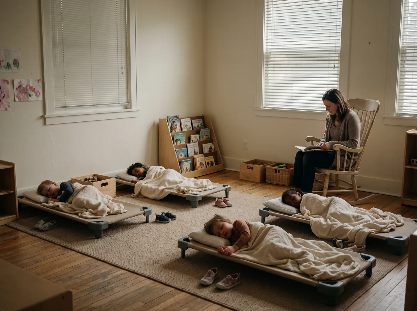The quiet room: low cots with cream blankets, the blinds half down, a teacher reading