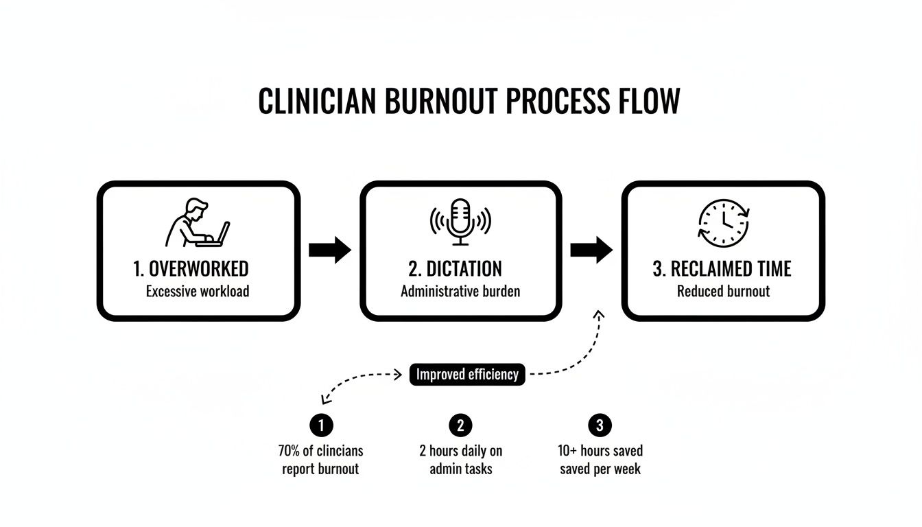 Flowchart illustrating clinician burnout process: excessive workload, administrative burden, and solution of dictation for reduced burnout.