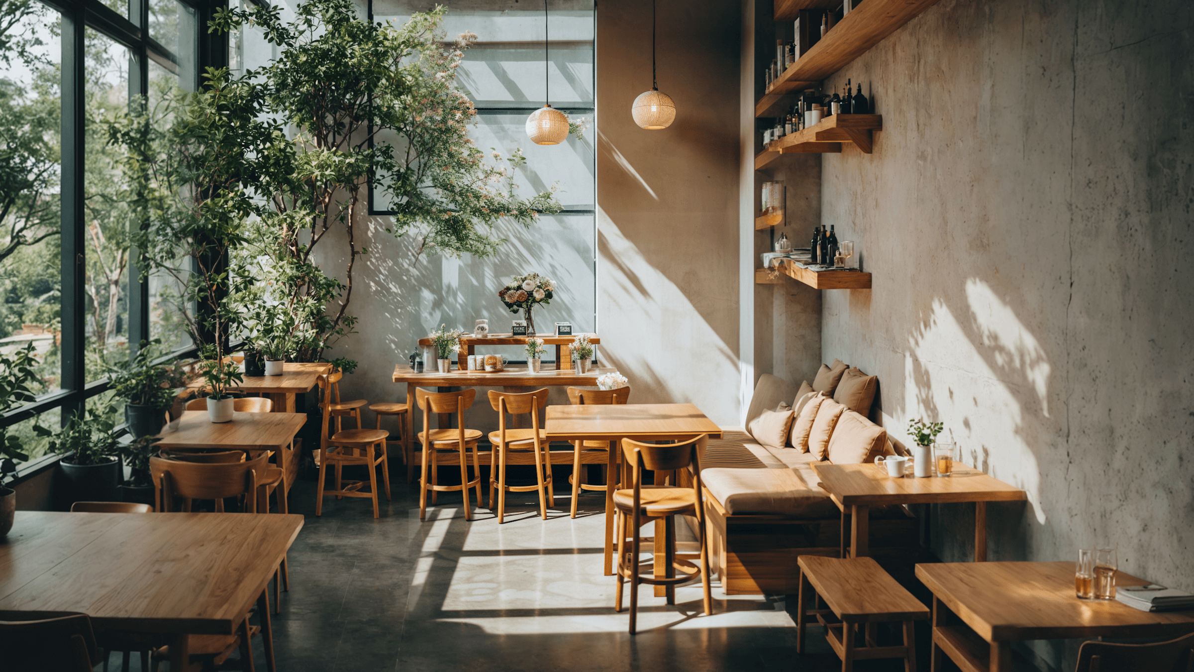 A modern café with wooden tables and chairs, large windows, and greenery, creating a warm and inviting atmosphere.