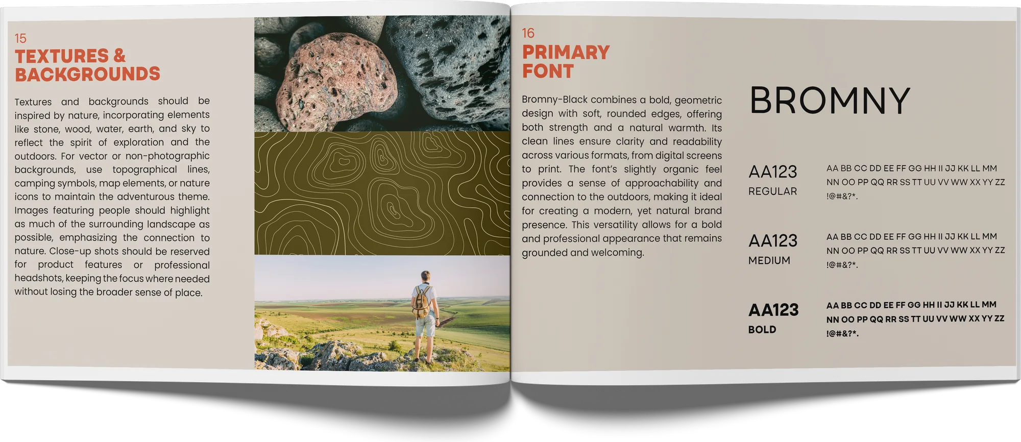Brand book spread: textures and backgrounds, and primary font