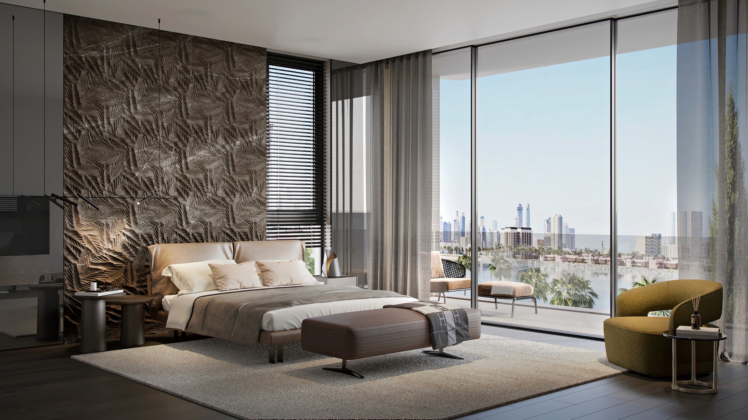 A softly lit hallway with a series of arched doorways, warm-toned walls, and wood flooring leading toward a seating area with neutral furniture.