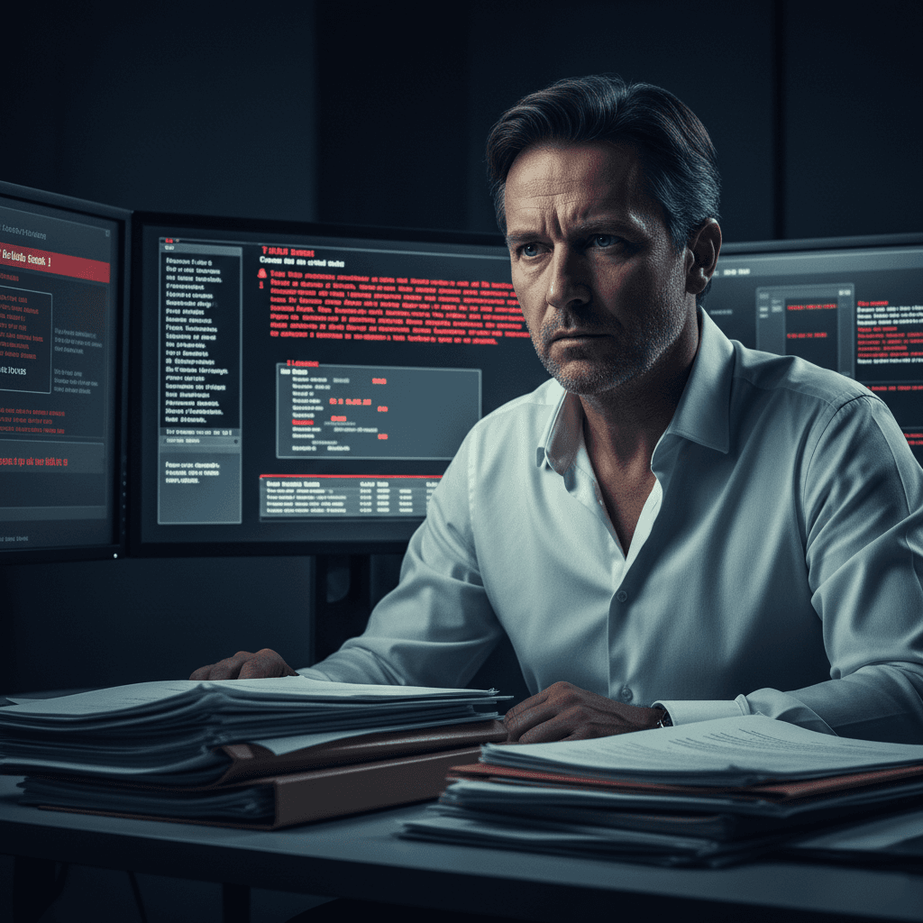 Dirigeant de PME français face à des écrans d'ordinateur affichant des alertes système et erreurs informatiques, illustrant les défis de cybersécurité et la nécessité d'un audit IT pour les entreprises avec systèmes obsolètes