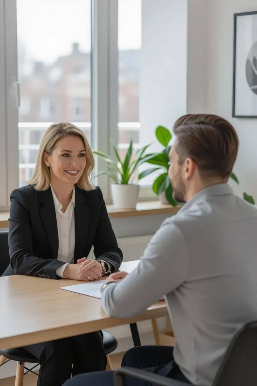 A female practitioner smiling at a male client during a meeting in an office.
