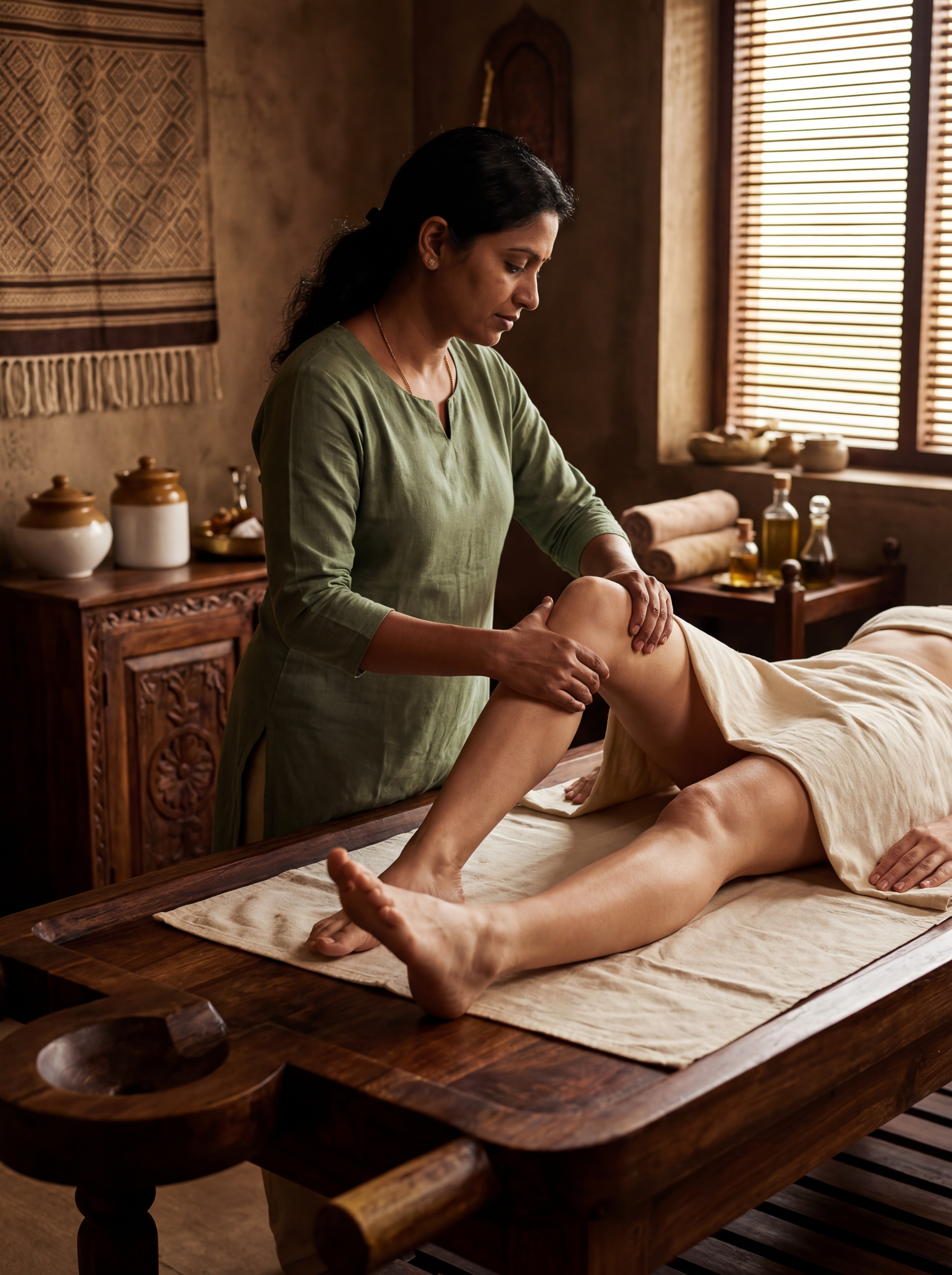 A close, intimate wellness moment showing hands-on Ayur-Physio care: therapist guiding a guest through gentle mobility or stretching work, emphasizing joint movement and muscle support. Natural daylight, soft shadows, neutral tones with greens and warm wood accents. No medical equipment, no hospital feel—only holistic recovery in nature. Calm facial expressions, slow intentional movement, sense of relief and restoration. Elegant, minimalistic wellness imagery, authentic and human-centered.