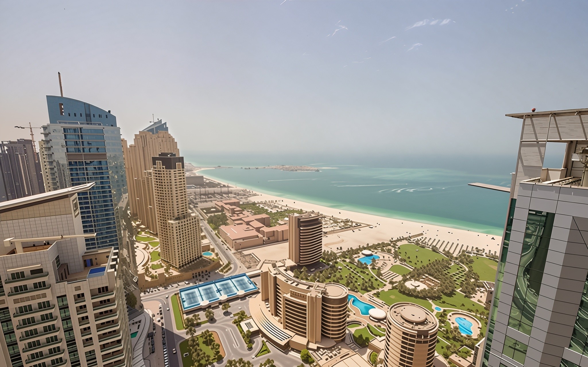 A panoramic view of the beach and ocean from the Botanica Tower, showcasing waves and sandy shores below.