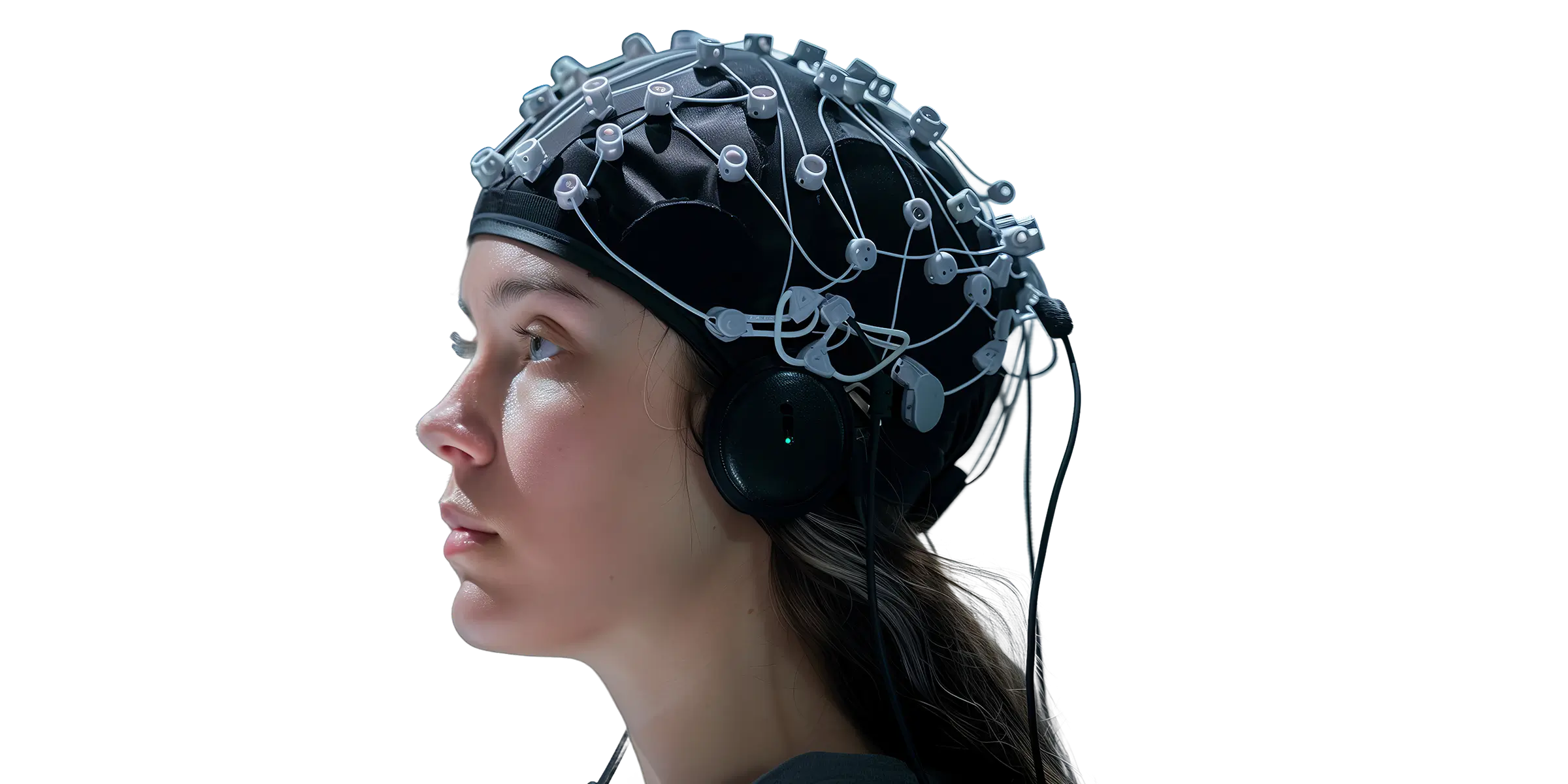 Image showing a woman wearing an EEG, or Electroencephalogram skullcap depicting neroscience research