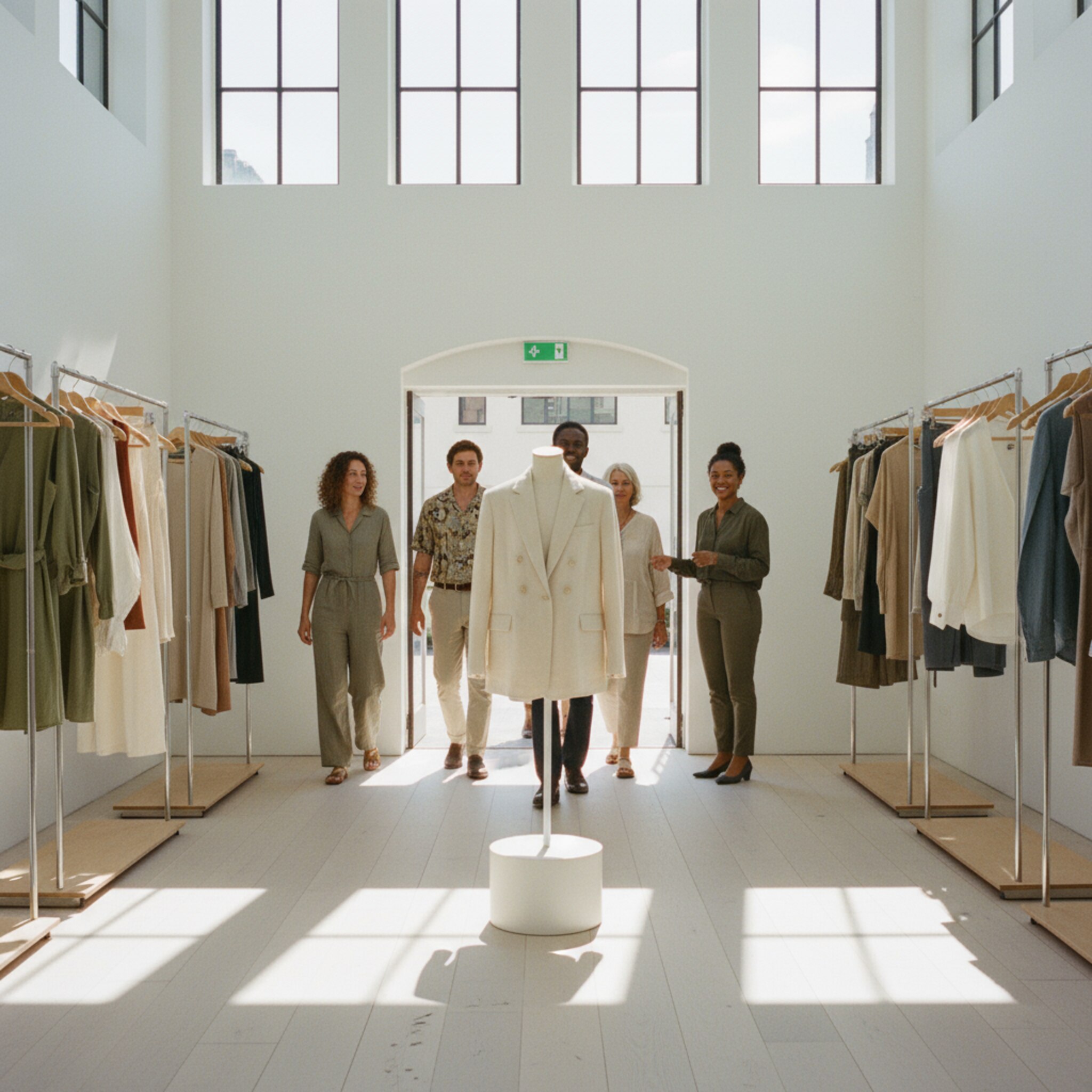 Ein heller, minimalistischer Pop-up Raum mit klar angeordneten Racks und einem schmalen Podest für Highlight-Pieces. Gäste betreten nacheinander den Raum, ein Mitarbeiter begrüßt freundlich und weist den Weg. Tageslicht zeichnet klare Linien. Alles wirkt organisiert, offen und hochwertig.