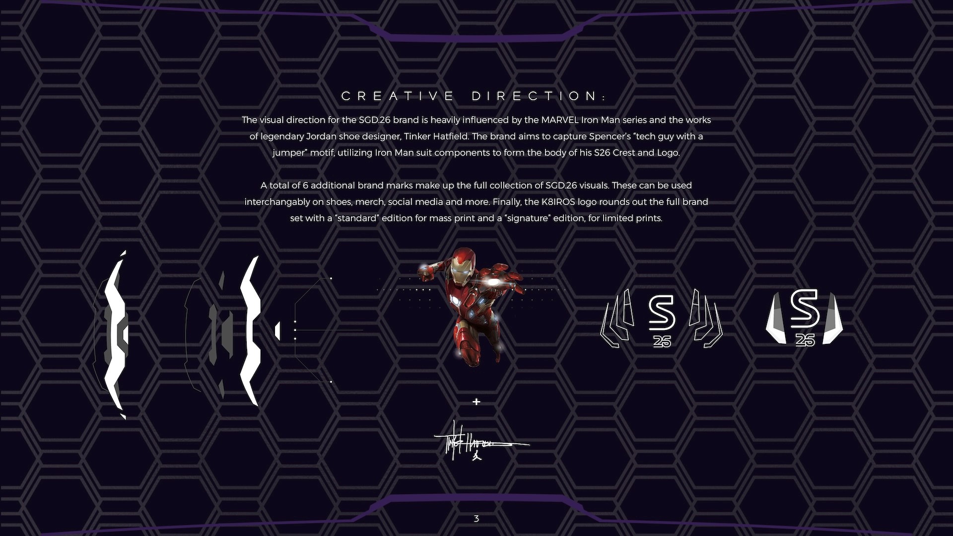 SGD.26 creative direction page explaining Iron Man and Tinker Hatfield design influences with brand mark evolution on hexagon pattern