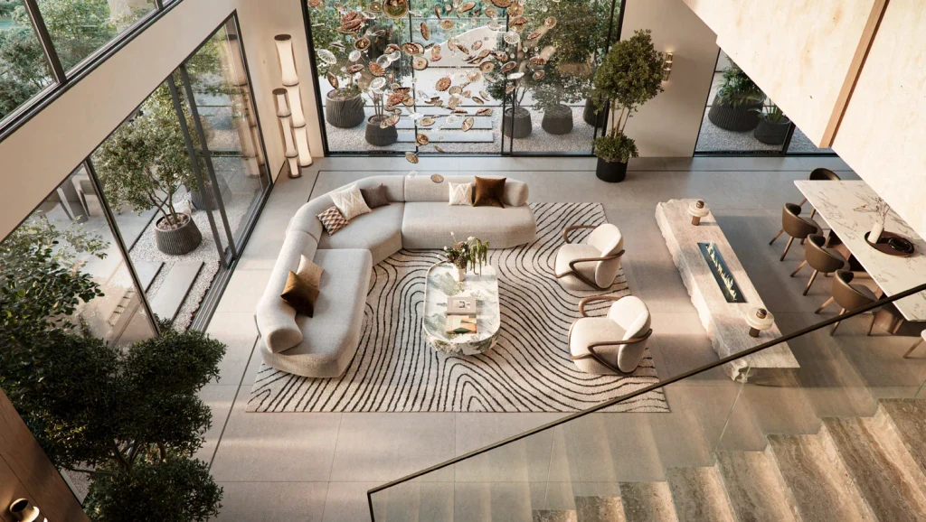 A modern living room in Passo by Beyond, Dubai, featuring a large glass wall that offers expansive views of the outdoors.