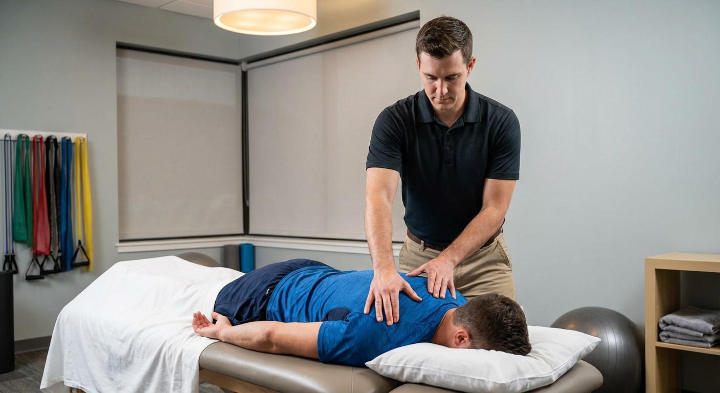 Physical therapist providing manual therapy treatment to patient at a sports medicine clinic in Dallas