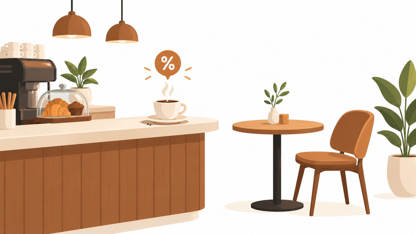Mostrador de cafetería con máquina de café, bollería, una taza con símbolo de porcentaje y mesa cercana.
