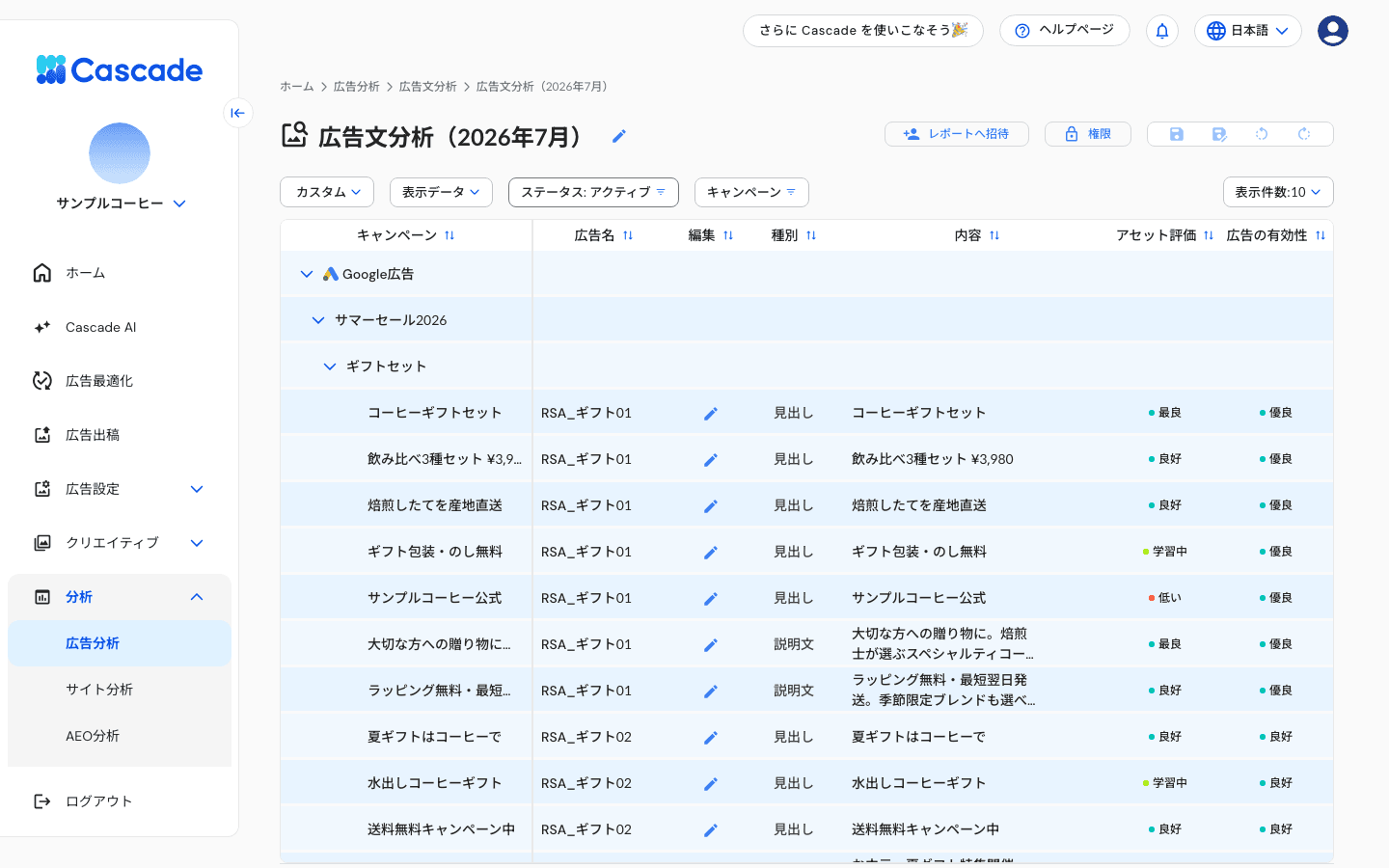 広告文分析画面