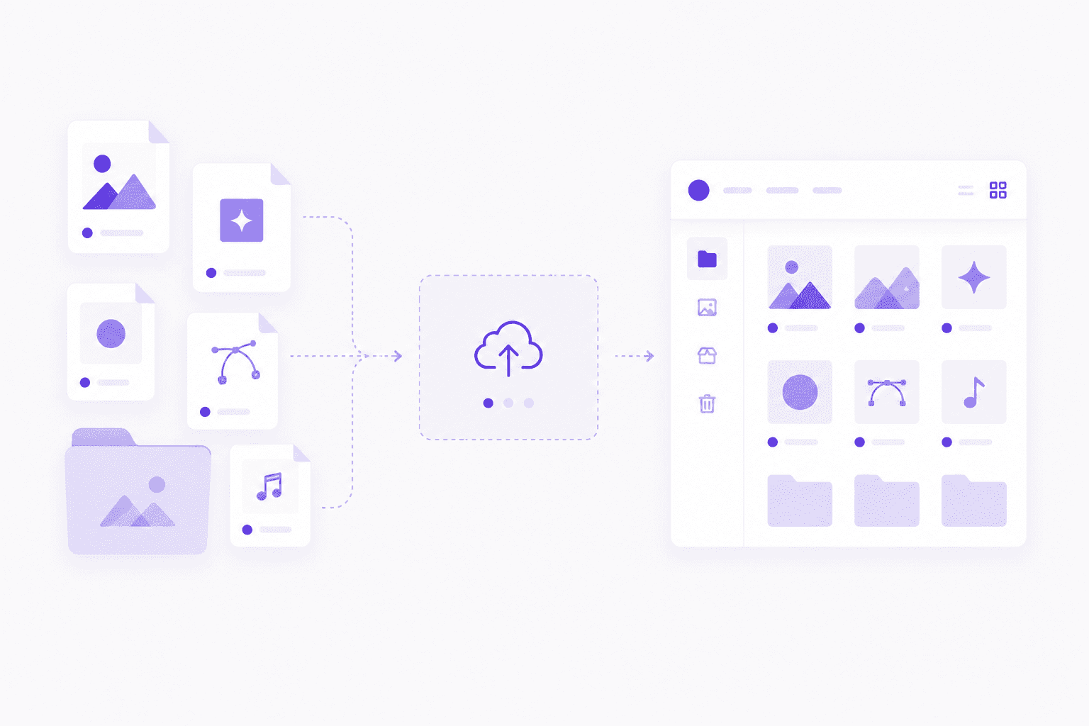 Illustration of creative assets being uploaded and organized into a design workspace before starting in Photoshop