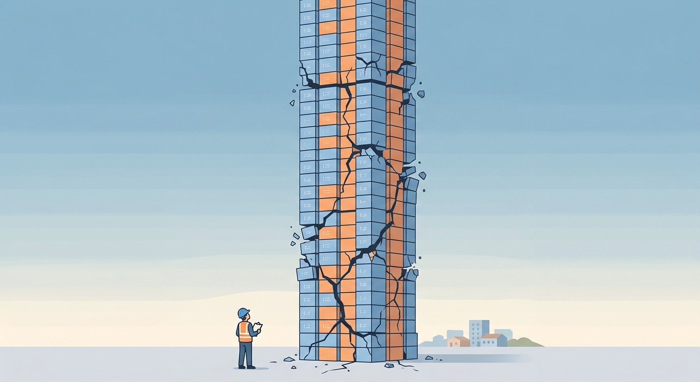 Illustration of a tower built from duplicated code blocks with cracks forming, representing the AI code maintainability gap