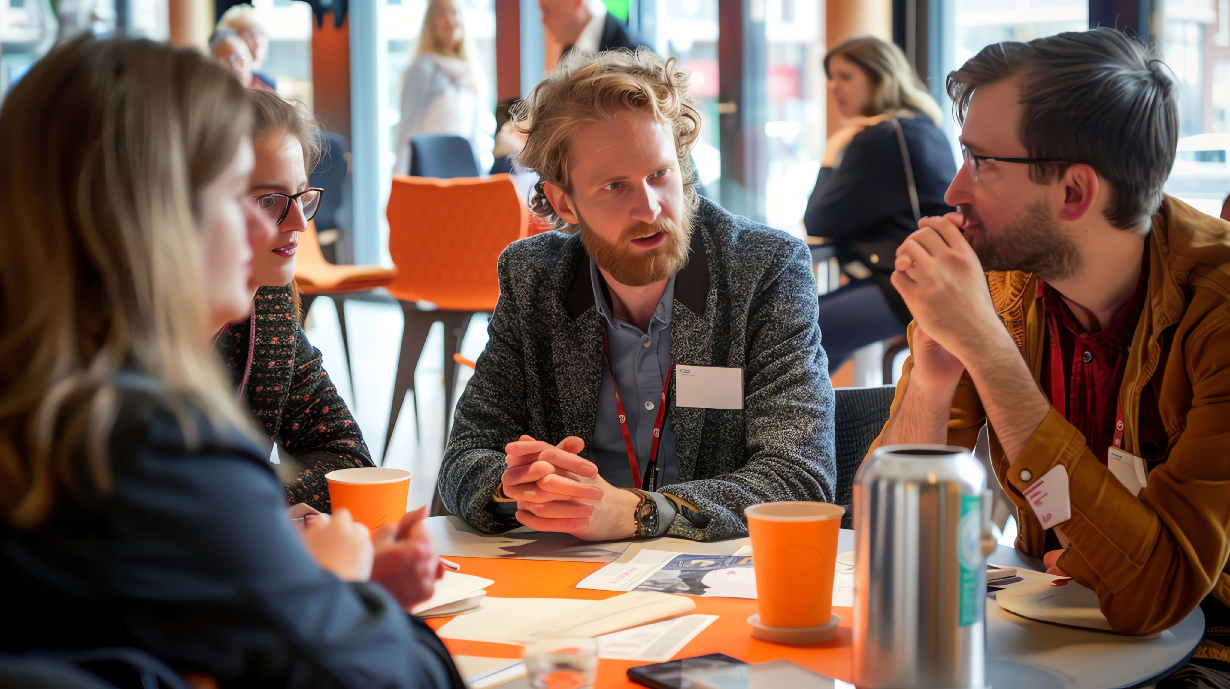 Four colleagues talking around a table with coffee cups in a modern office.