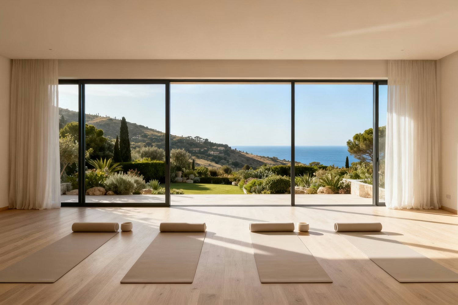 Bright yoga studio with large windows and natural light, representing a calm space for women's holistic wellness practice