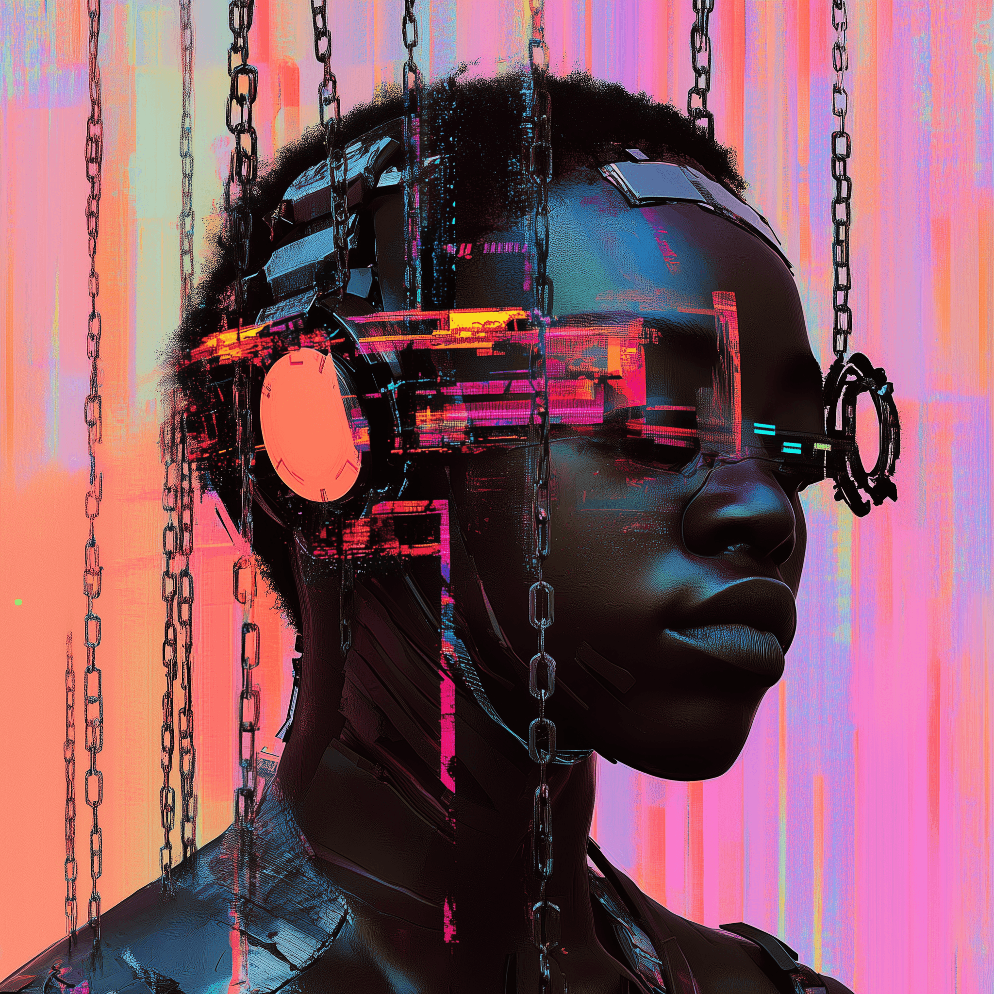 This image features a futuristic, digital depiction of a Black individual, blending human and cybernetic elements. The person has dark skin and short, textured hair, with a high-tech headset or visor wrapped around their head. The headset has glowing, glitch-like details in neon pink, orange, and blue, creating a vibrant, surreal contrast against the person’s skin. Chains extend vertically around the figure, giving the image a sense of confinement or technological entrapment. The background is composed of vivid, distorted colors, with glitch effects in shades of pink and orange, adding to the sci-fi, dystopian atmosphere.