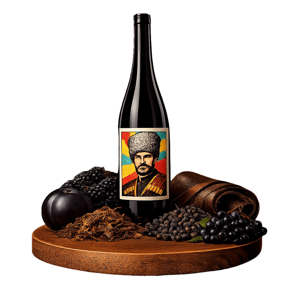 Artistic label and flavor profile for Krasnodar Krasnostop on a rustic wooden table.