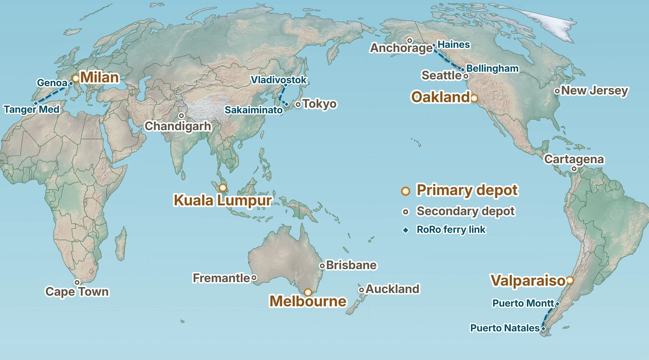 Own Bike Odyssey global depot network map showing Milan, Oakland, Melbourne, Kuala Lumpur and Valparaiso as primary depots