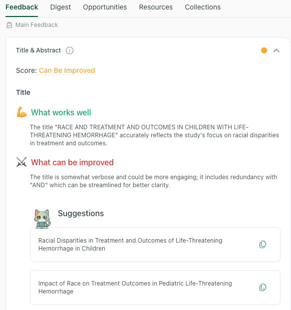 thesify title feedback with strengths, improvement notes, and suggested title rewrites