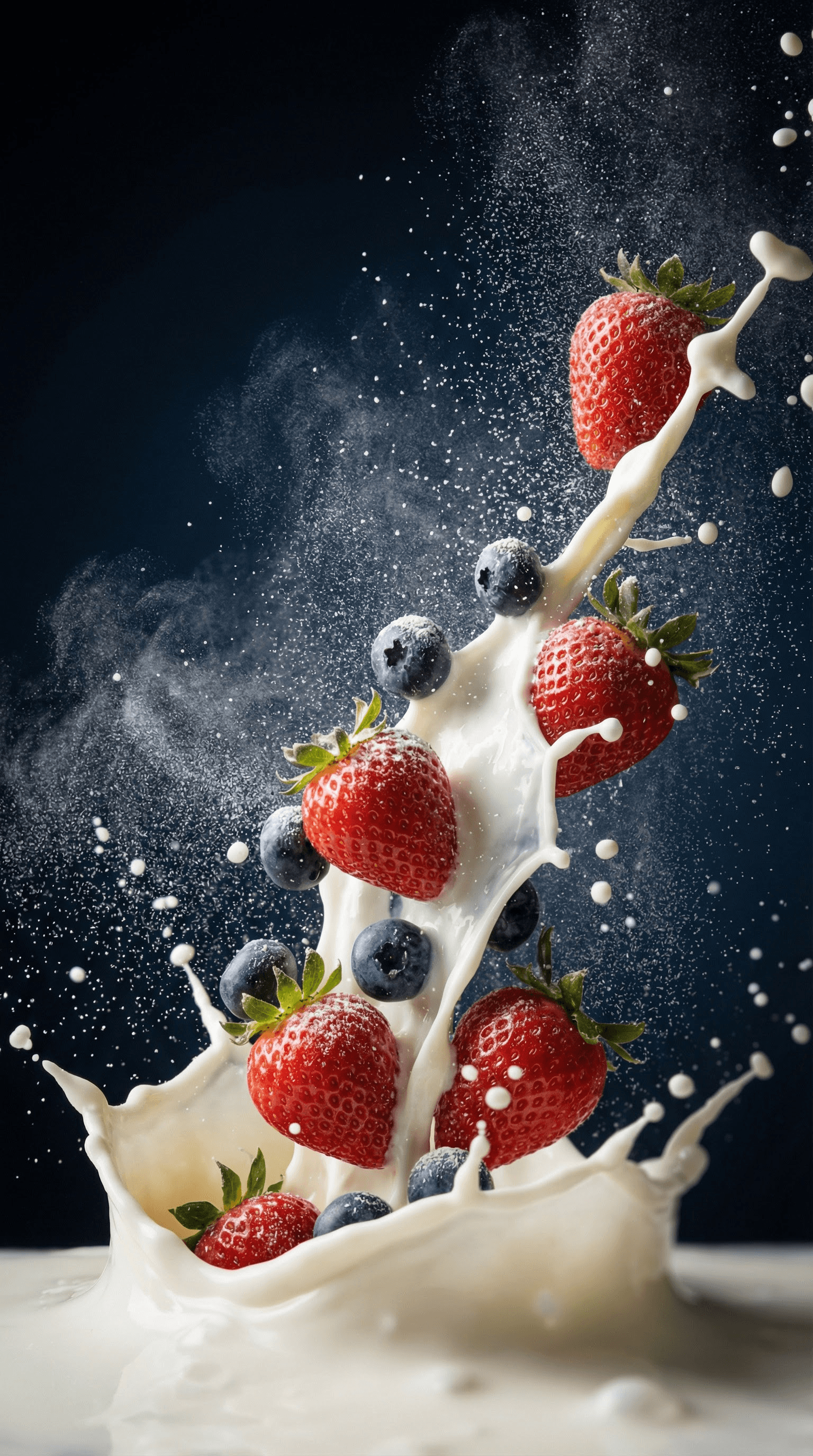 Strawberries and blueberries bursting through milk splash on dark background.