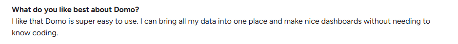 Domo user review highlighting ease of use and no-code dashboard creation
