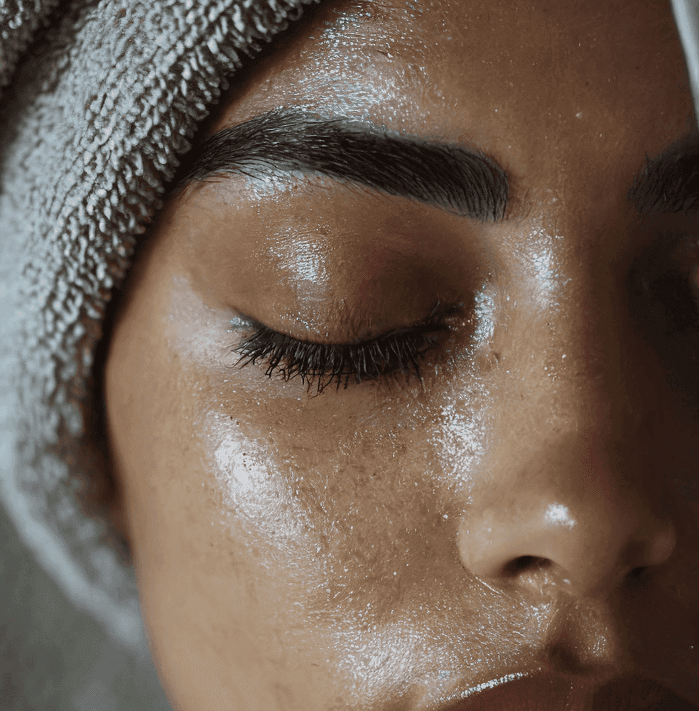 Close-up of a person with glowing skin, towel-wrapped hair, and closed eyes, showcasing a skincare routine.